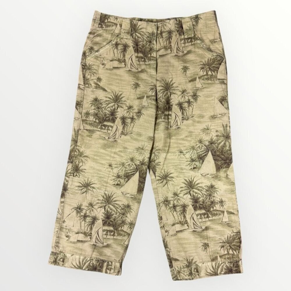Liz Claiborne Audra Womens Tropical Wide Leg Capri Hawaiian Cropped Pants Tan 12